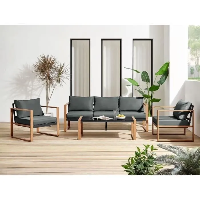 Salon Bas de Jardin en Aluminium Effet Bois – Élégance et Confort pour vos Extérieurs